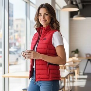 Tommy Hilfiger Women's Red Quilted Puffer Vest Sport Zip Pockets Logo Size XL